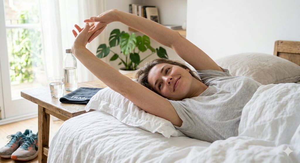 Mulher acordando bem-disposta pela manhã se alongando na cama