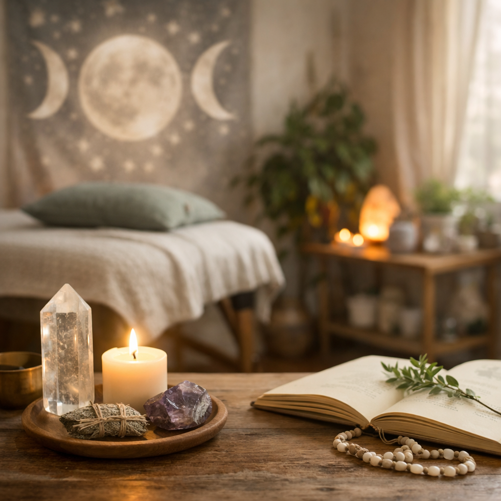 intuitive healing session space with crystals and candle Nashville TN