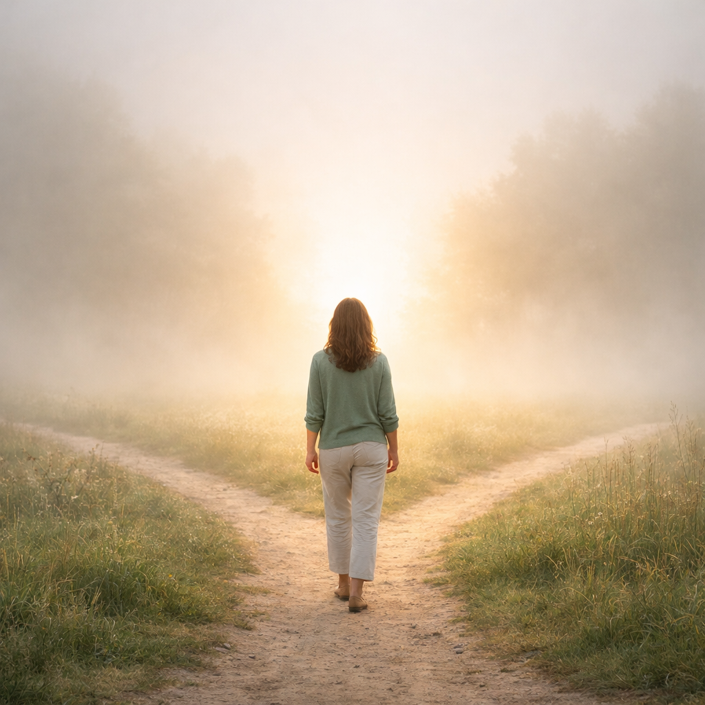 Woman walking toward light on a path representing personal transformation and intuitive healing jour