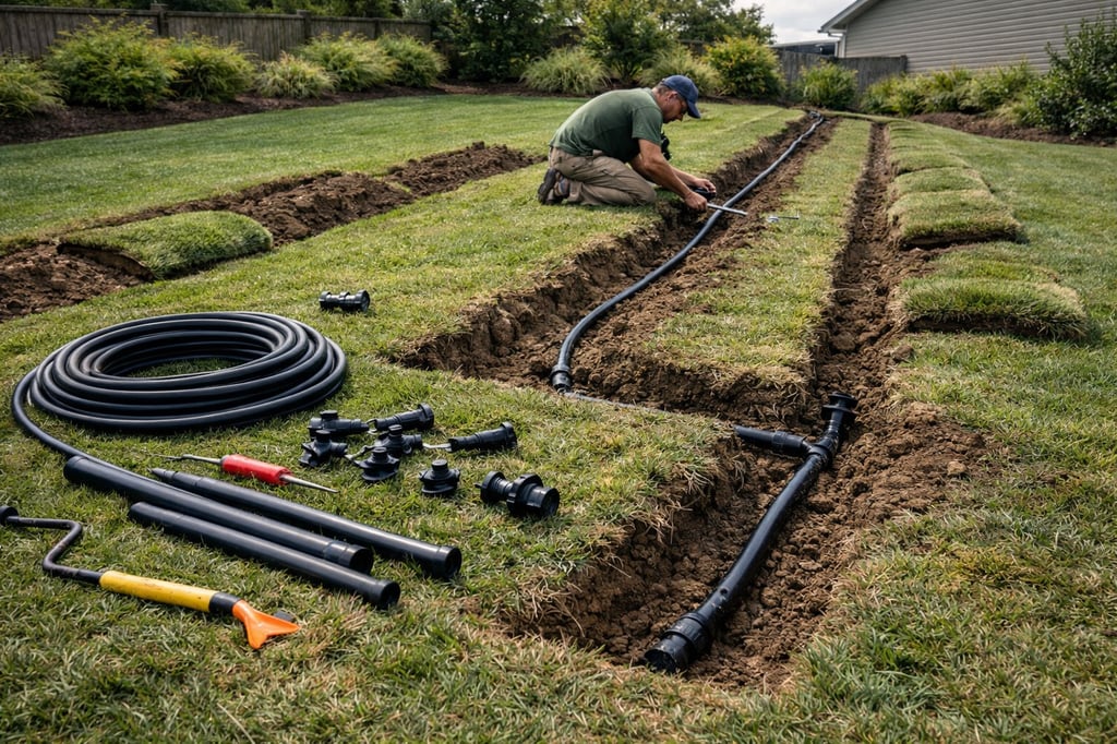 A professional landscaper installing an underground lawn irrigation system with black pipes in a yard.