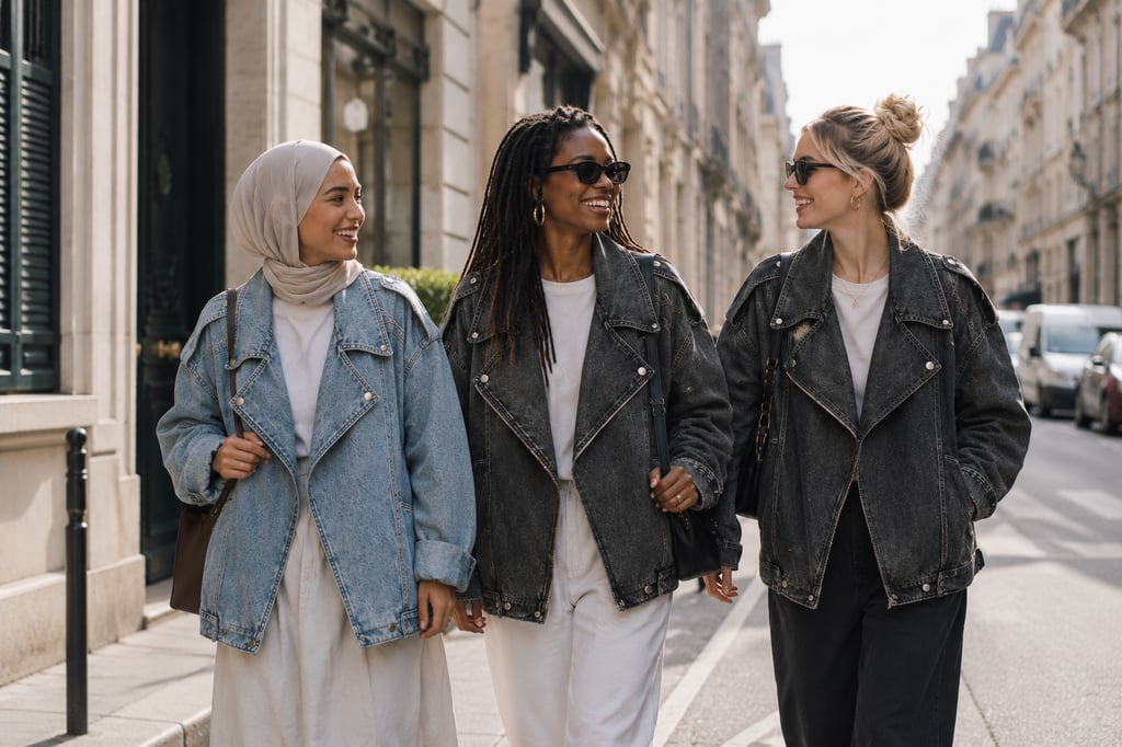 Trois femmes portant des vestes en jean oversize, looks confortables et inclusifs, style layering