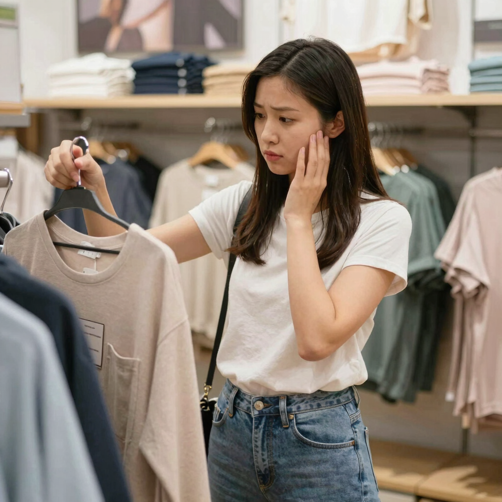 une femme qui hésite dans une boutique à acheter un nouveau vêtement