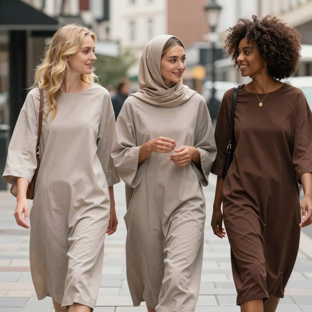 Robes mastour oversize BEWOOMAN portées par 3 femmes dont la pudeur et le style sont compatibles.