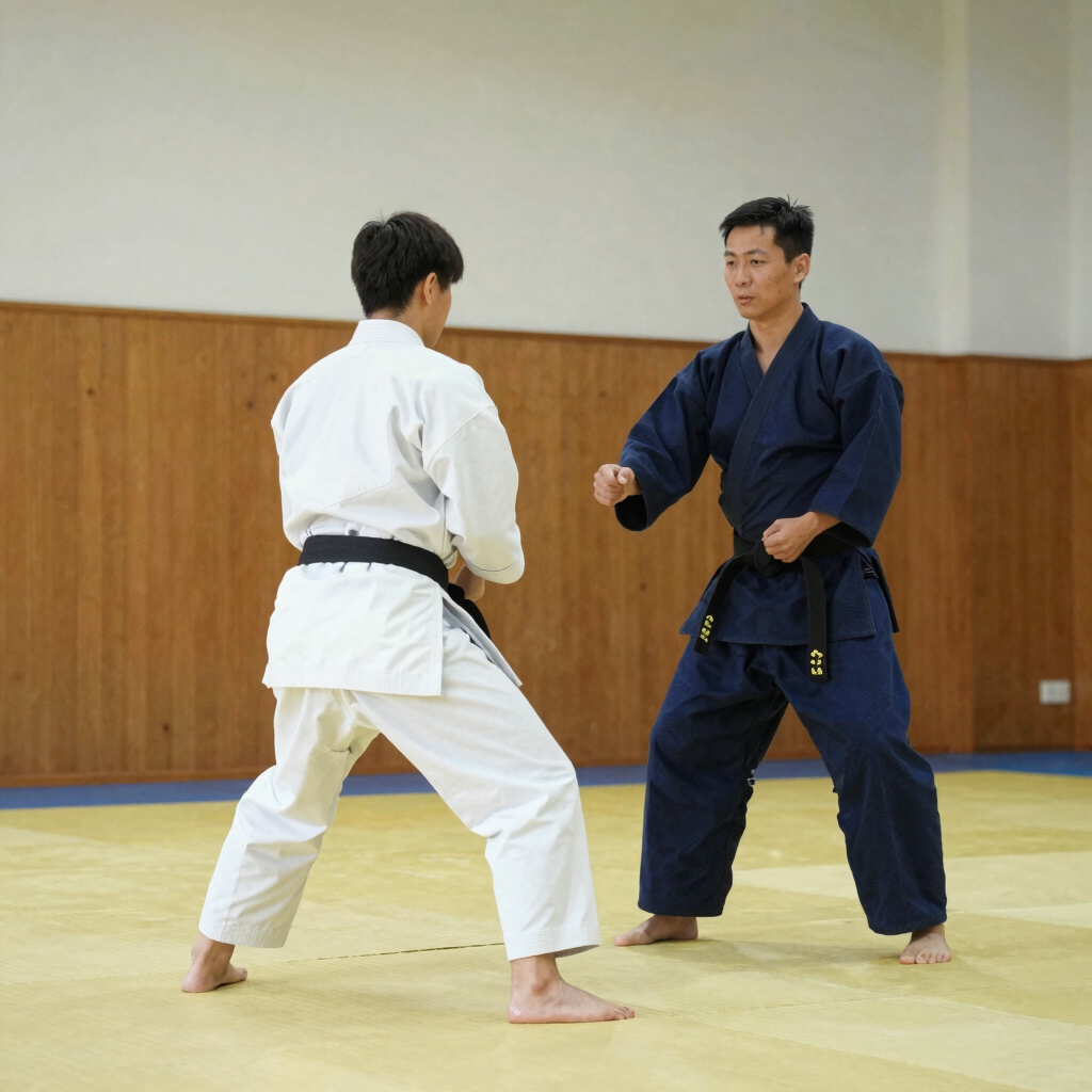 aluno e sensei treinando no dojo