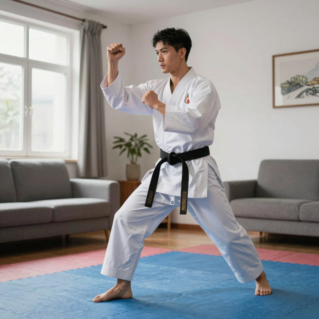 homem usando karategui treinando em casa