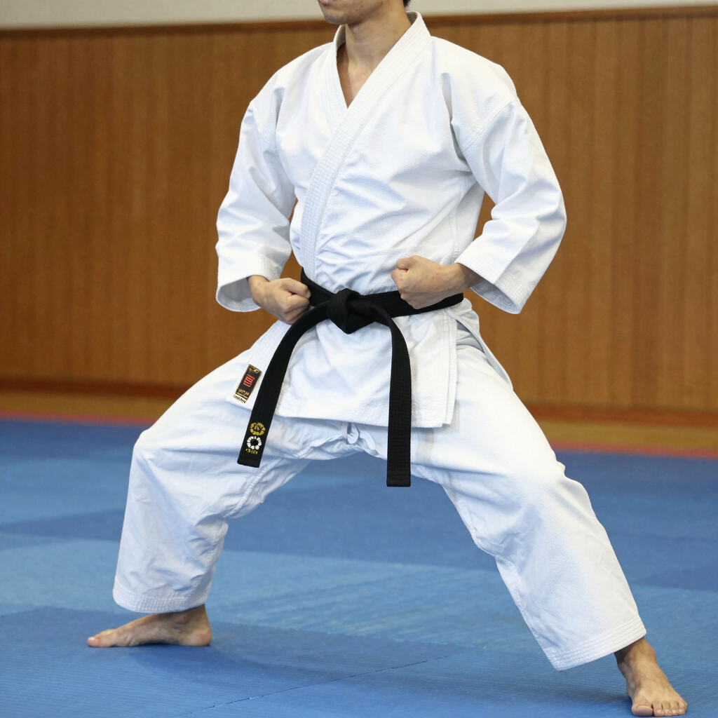 Homem com kimono de karatê em um dojo