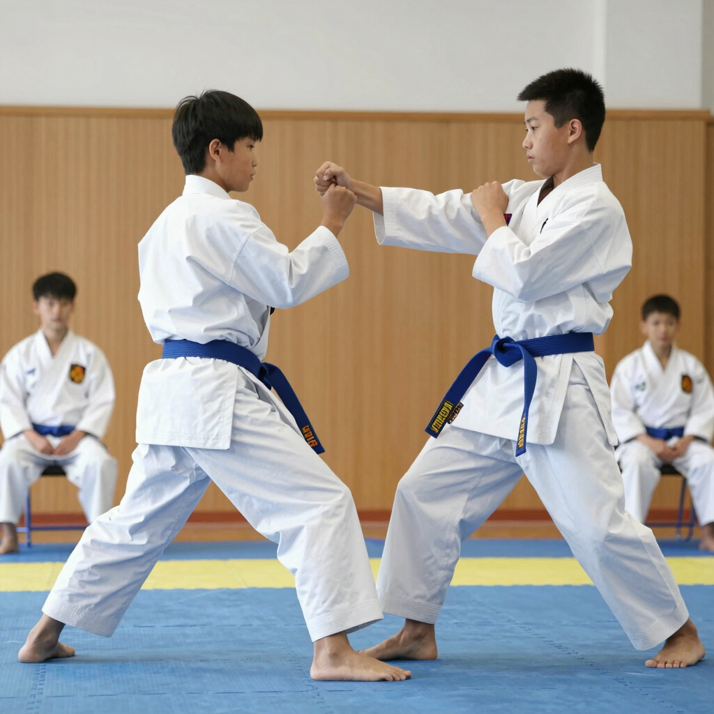 Boys learning karate techniques
