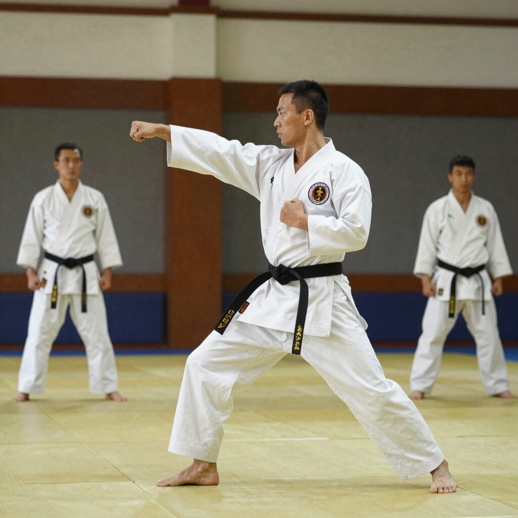 Homem dando soco de karatê em um dojo