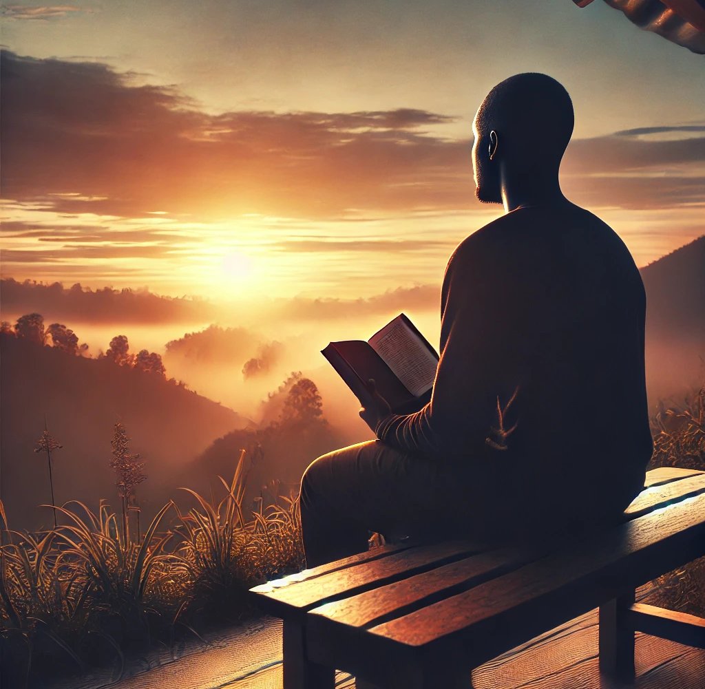 Homme assis avec un livre, coucher du soleil, bible, ciel