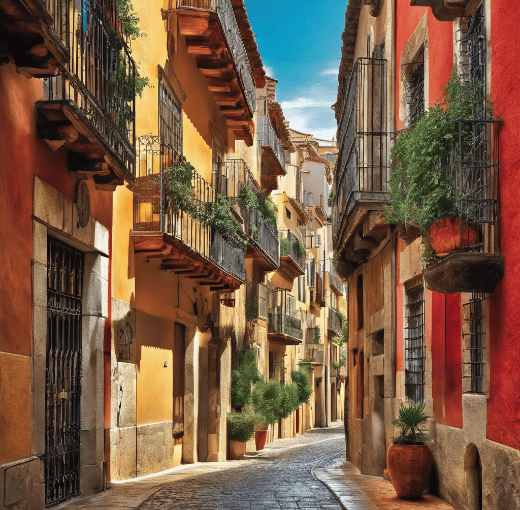 a narrow street with a cobblestone street and a few potted plants