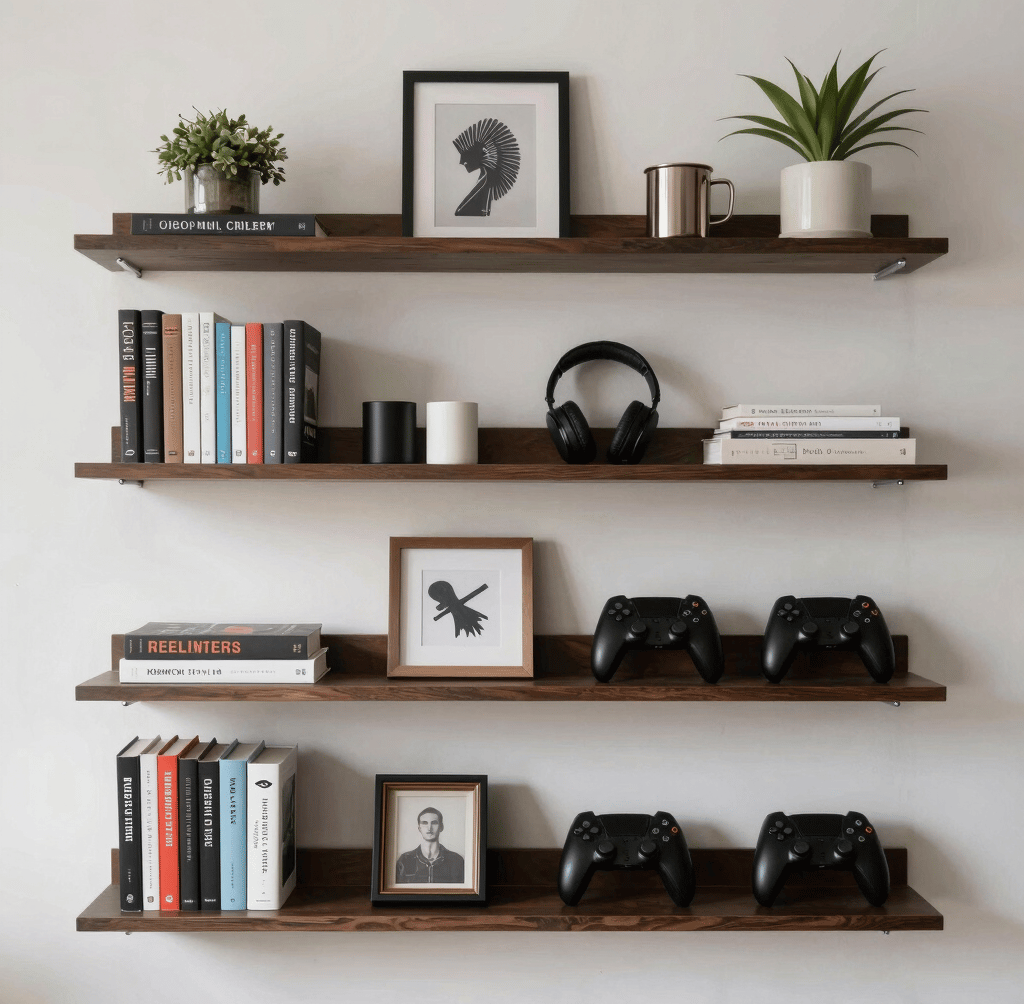 Wall with floating shelves holding books, decor, and gaming accessories