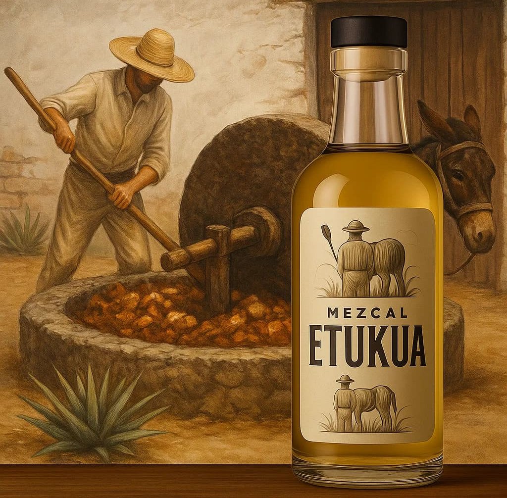 Maestro mezcalero realizando la molienda con tahona en palenque tradicional.