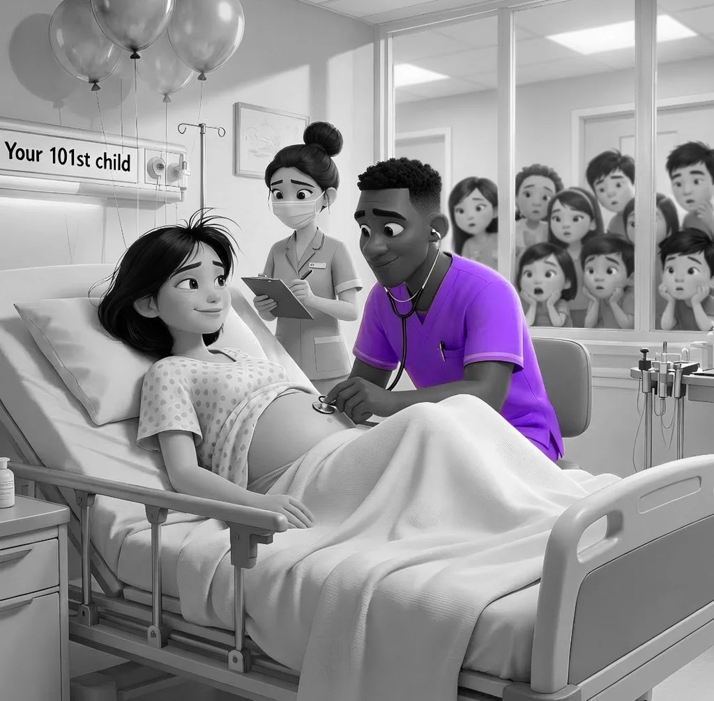 Pregnant woman being examined by her doctor while 9 of her 100 kids observe. 