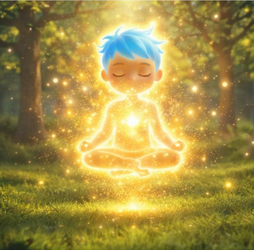"Homo Luminous boy in golden meditation glow amid forest, embodying spiritual awakening." 