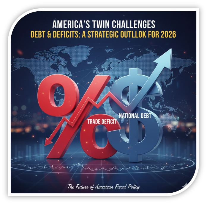 3D financial symbols with a rising debt arrow over a global map.