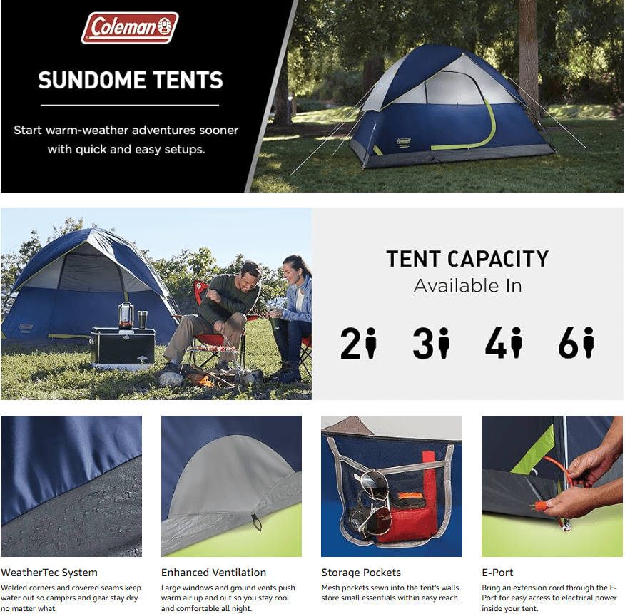 Friends camping in Coleman Sundome cheap camping tent, best budget camping tent for casual campers
