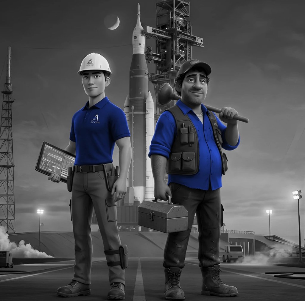 An engineer with tablet in hand and plumber with a toolbox and plunger ready to fix NASA.