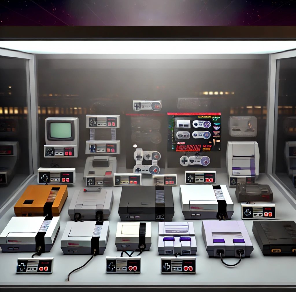 a display case with many different types of video game consoles