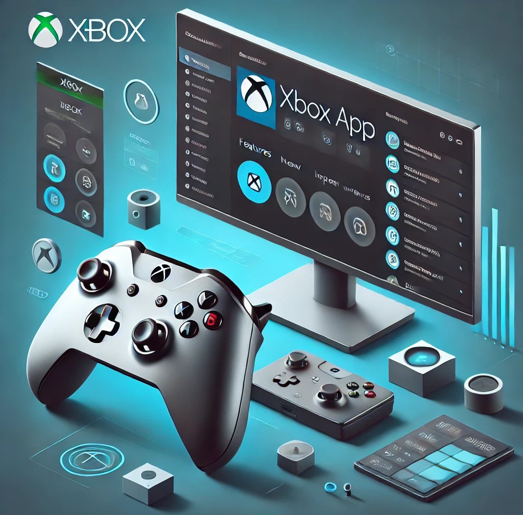 A modern illustration of an Xbox controller and the updated Xbox app interface.