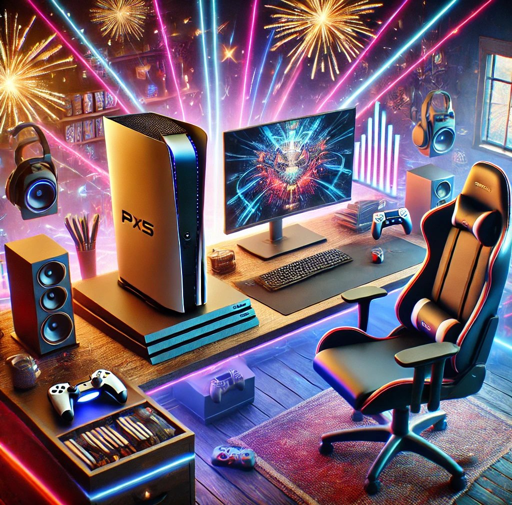 a computer desk with a computer and a gaming room