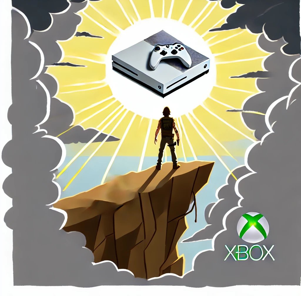 a man standing on a cliff with a video game controller