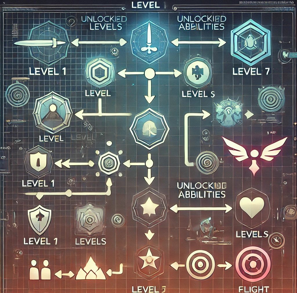 Fluxograma da progressão de fases e habilidades desbloqueáveis ​​em um jogo.