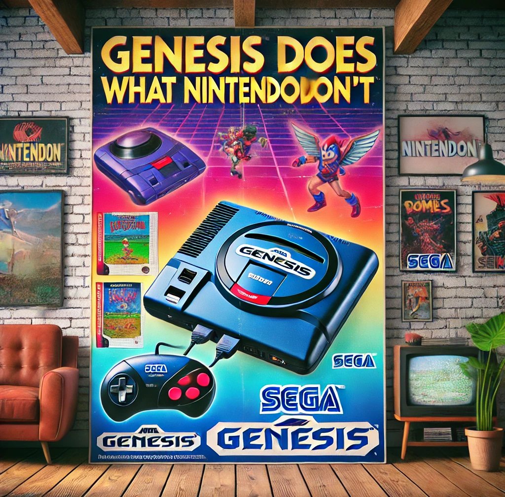 Anúncio retrô da Sega Genesis dos anos 1990 com o slogan "Genesis Does What Nintendon't"
