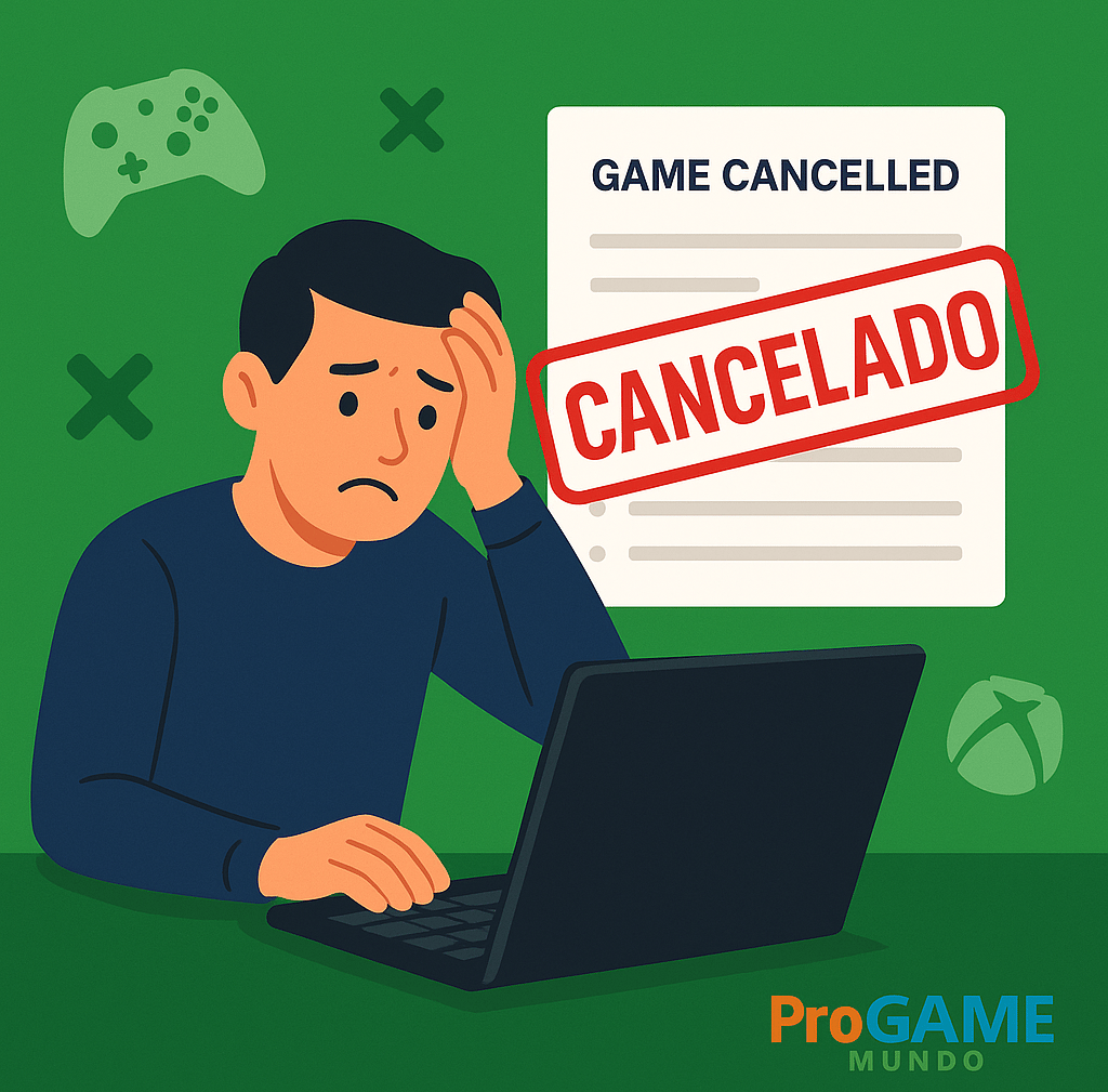 Homem frustrado olhando para laptop com documento flutuante marcado como ‘CANCELADO’.