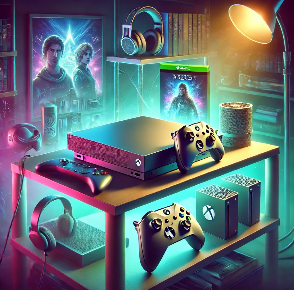 An illustration of an Xbox Series X console surrounded by gaming accessories.