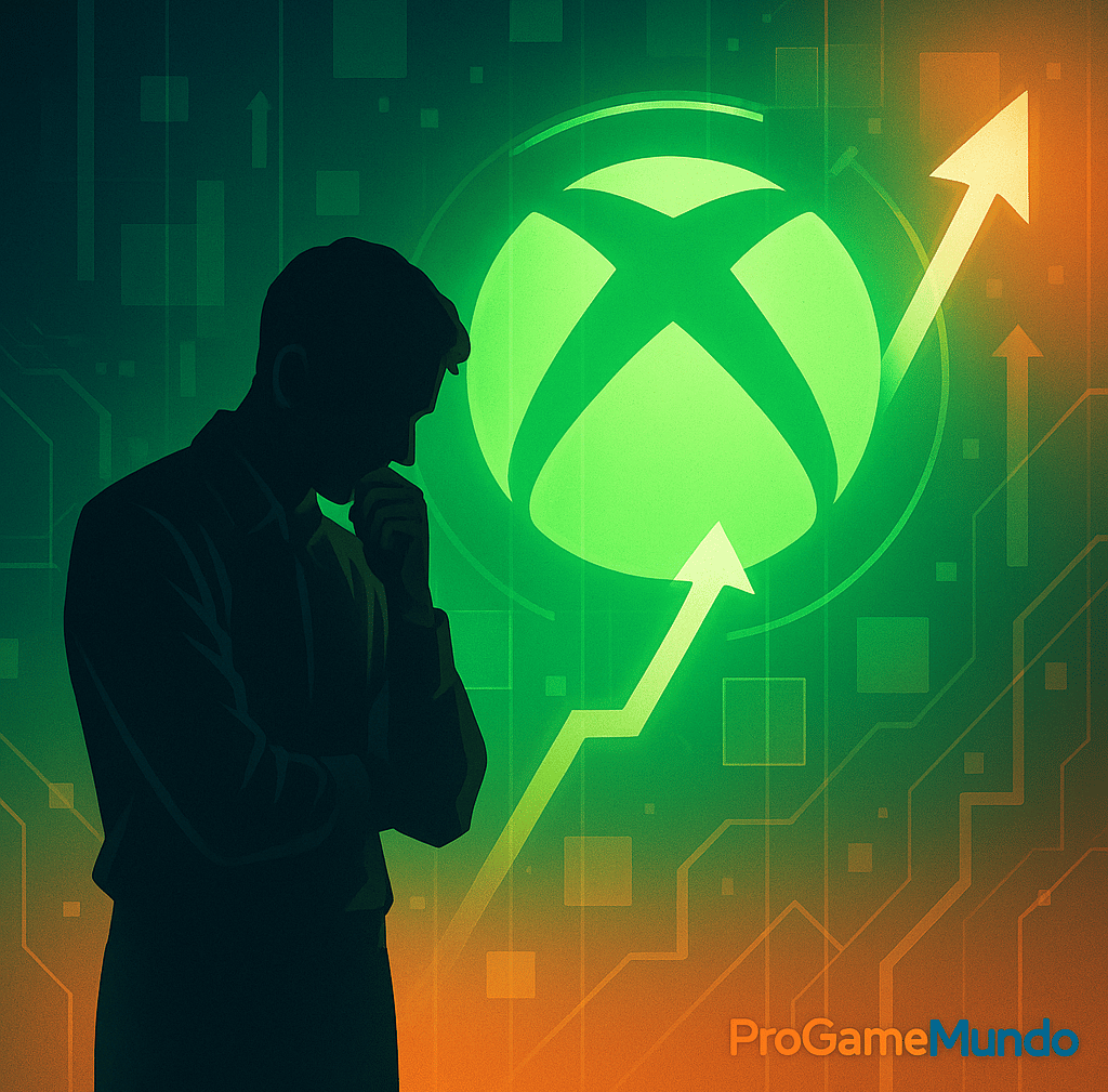 Silhueta pensativa diante do logotipo do Xbox com setas de crescimento sobre fundo digital abstrato.
