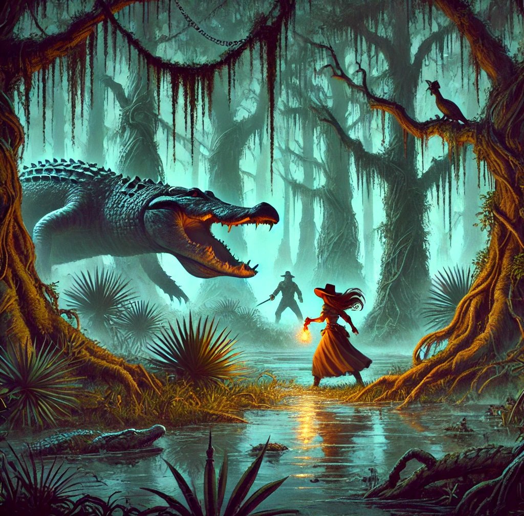 a woman in a long dress standing in front of a crocodile