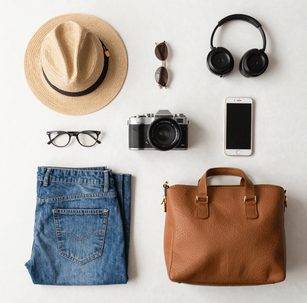 flat lay photography of camera, book, and bag