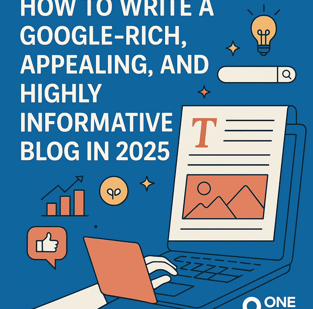 Illustration of a person blogging with SEO and content icons, titled “How to Write a Google-Rich Blog in 2025.”