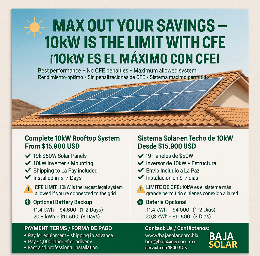 10kW solar system Baja California Sur,,    Buy 10kW solar system Mexico,,    Grid-tied solar system 