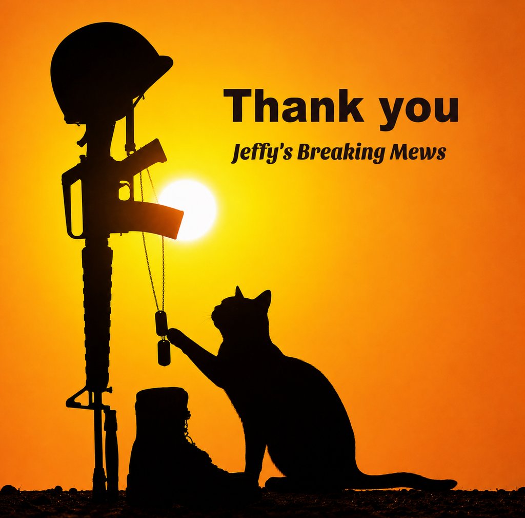 Silhouette of a cat reaching up touch a fallen soldier’s dog tags hanging from the weapon. 