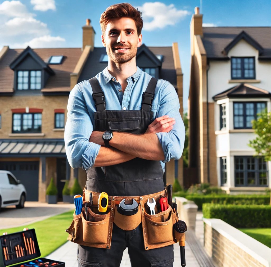 A professional handyman in London wearing a tool belt, standing in front of a modern residential hom
