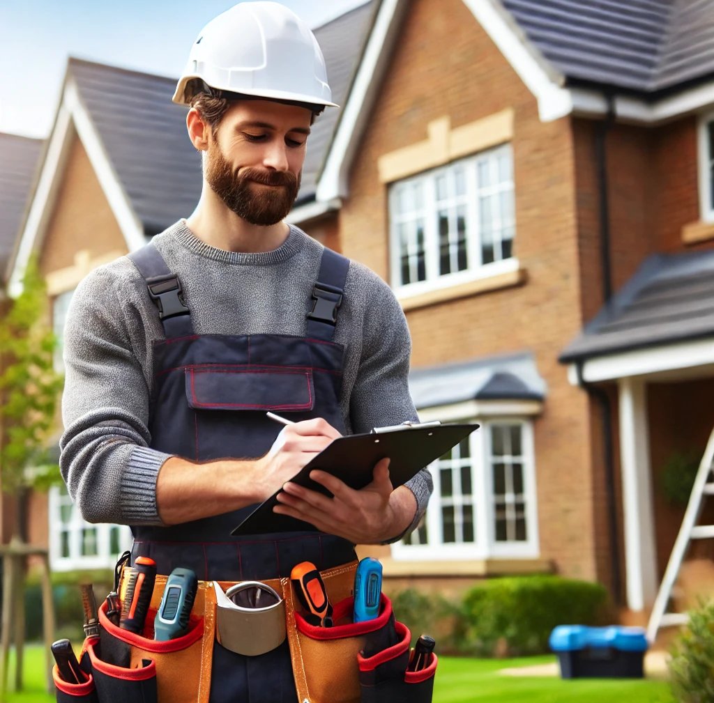 A professional property maintenance worker in London inspecting a residential home with a clipboard,