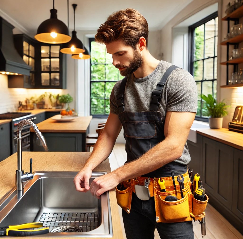 A handyman in London fixing a sink in a kitchen, showcasing expert plumbing skills