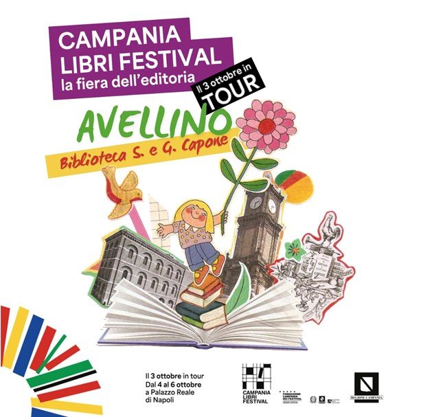 Poster for Campania Libri Festival in Avellino featuring a girl holding a flower atop a stack of books.