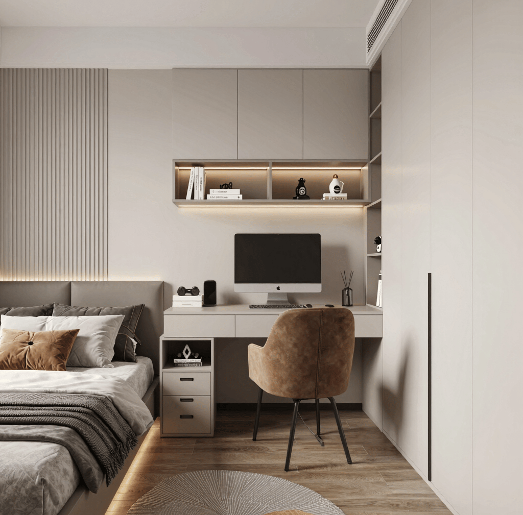 A stylish small bedroom divided into clear zones for sleeping, studying, and gaming.