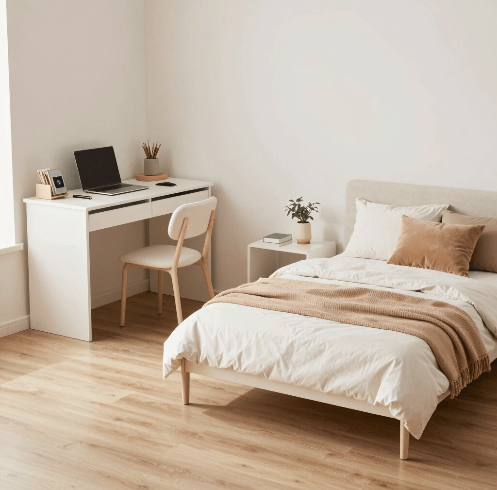 A small bedroom with a smart furniture layout, bed placed against the wall, compact desk in a corner