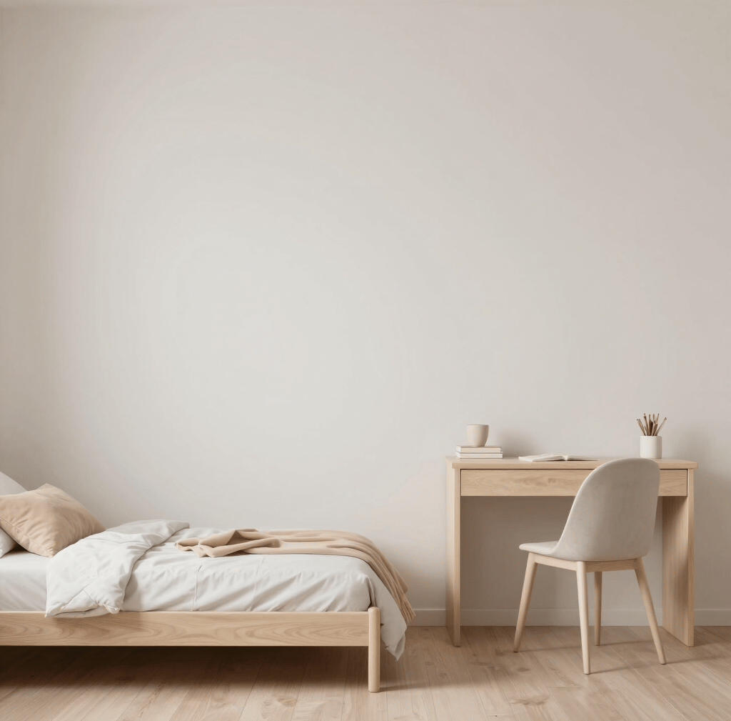 A minimalist teen bedroom with clean lines, neutral pastel tones, low bed, simple desk, and almost n