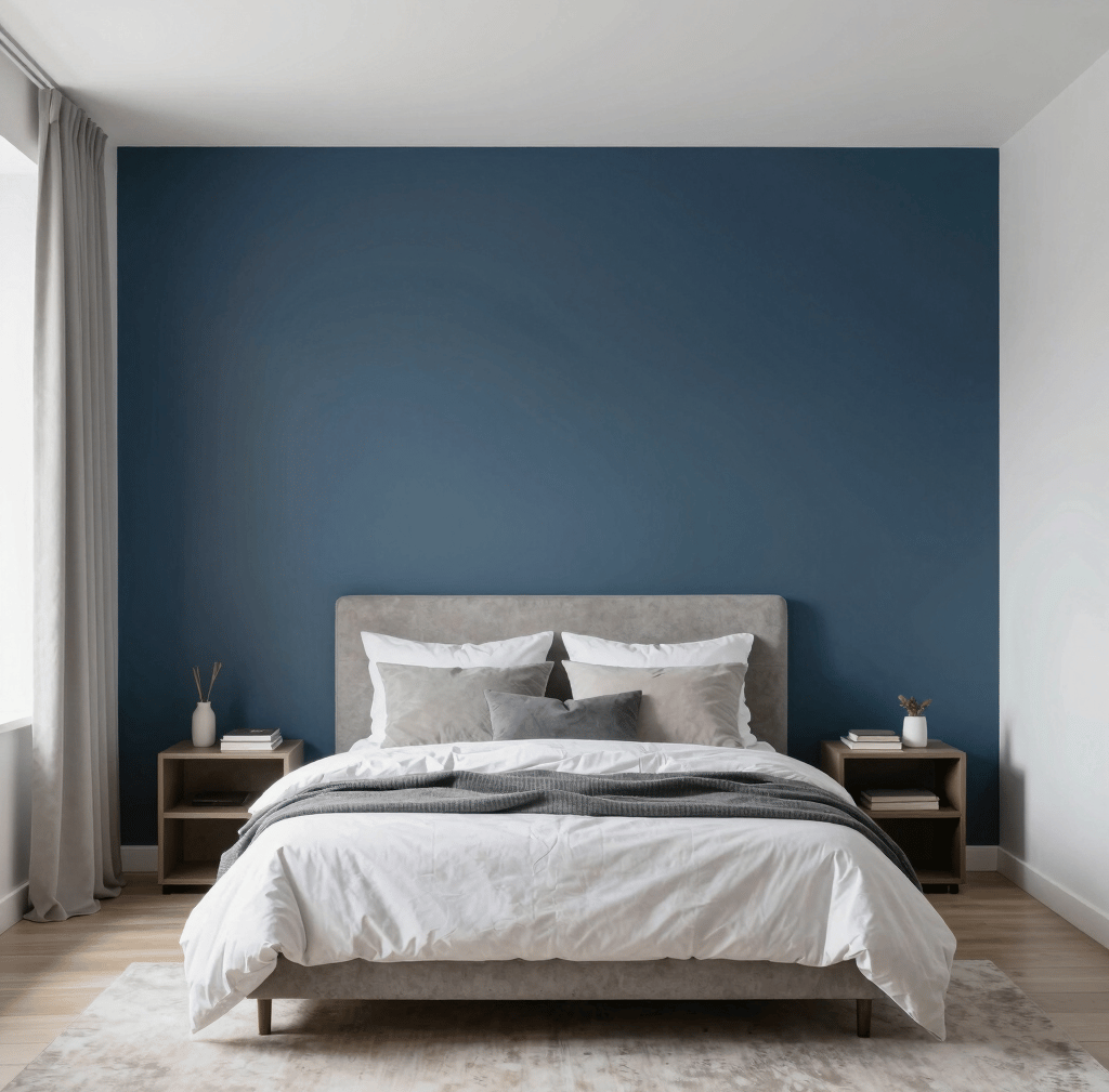Accent wall behind bed with bold design while the rest of the room stays minimal and light