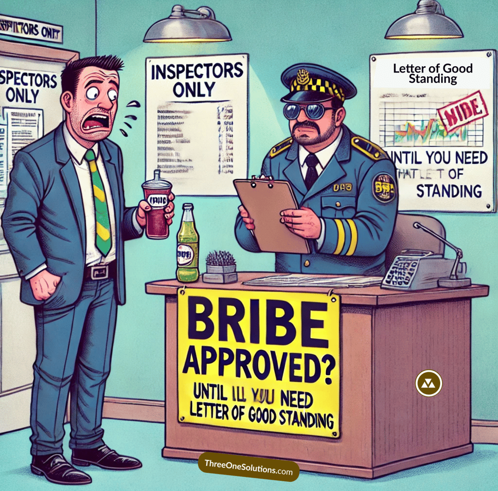 A confident businessman thinking, "I just need that Letter of Good Standing; it'll be fine.