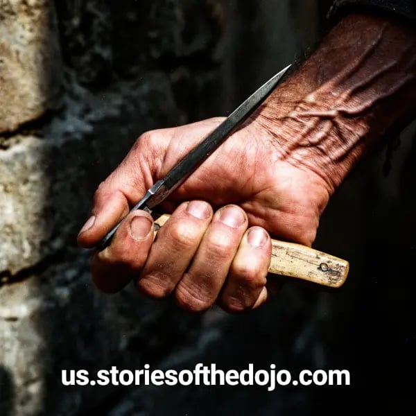 Rugged hand grips a weathered Genoese knife against a stone wall backdrop symbol of legacy, tension,