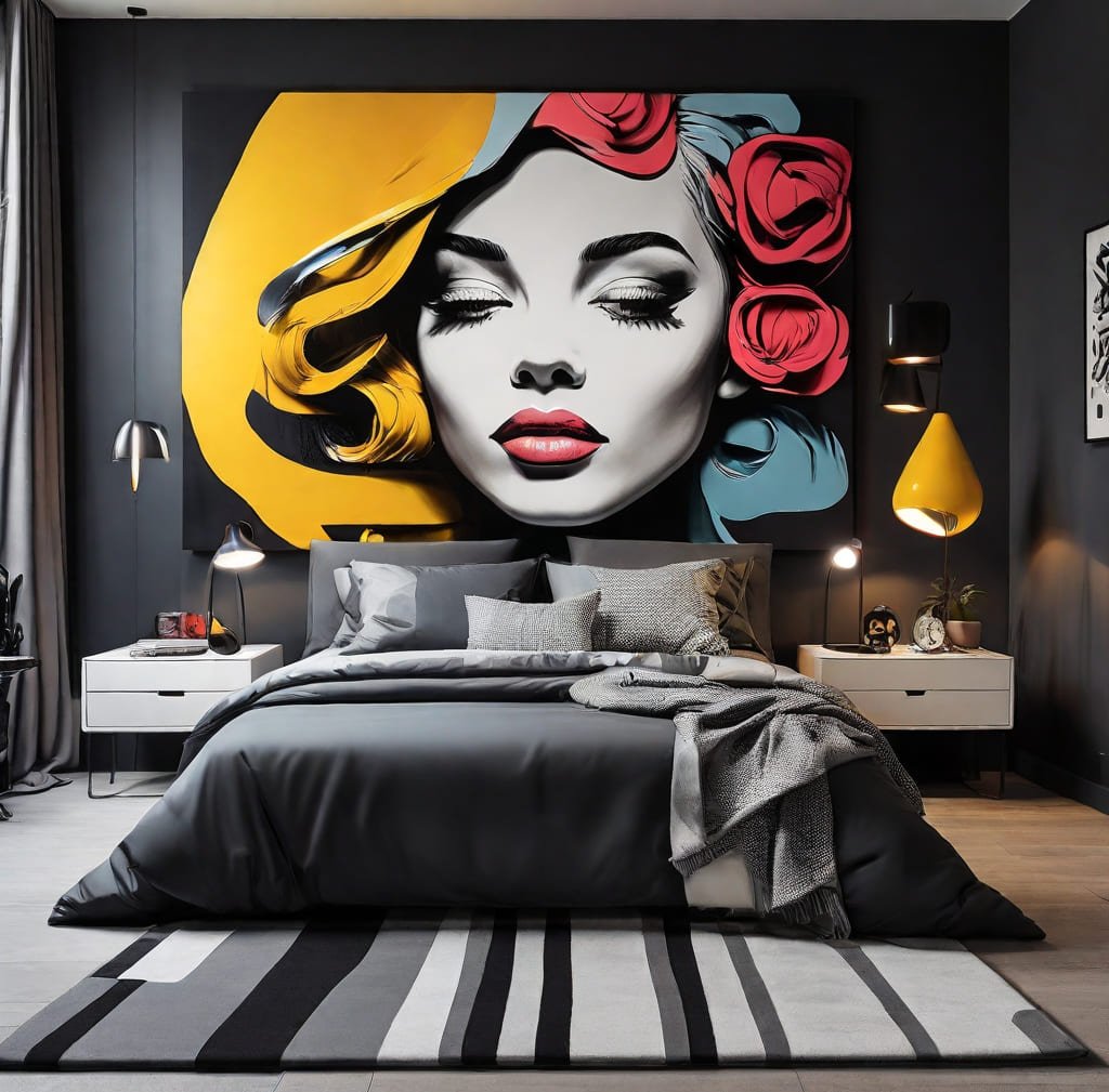Inspiração para um quarto sofisticado: destaque para um quadro pop-art na decoração.