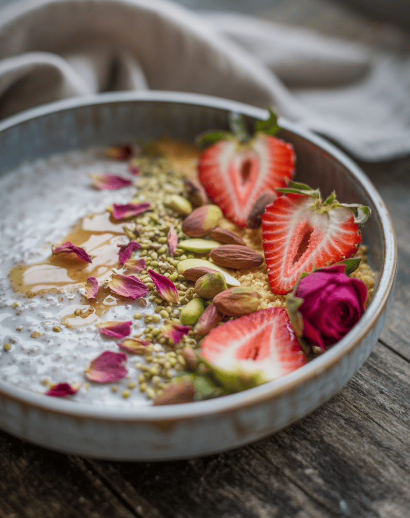 Coconut millet breakfast bowl topped with rose petals and pistachios.