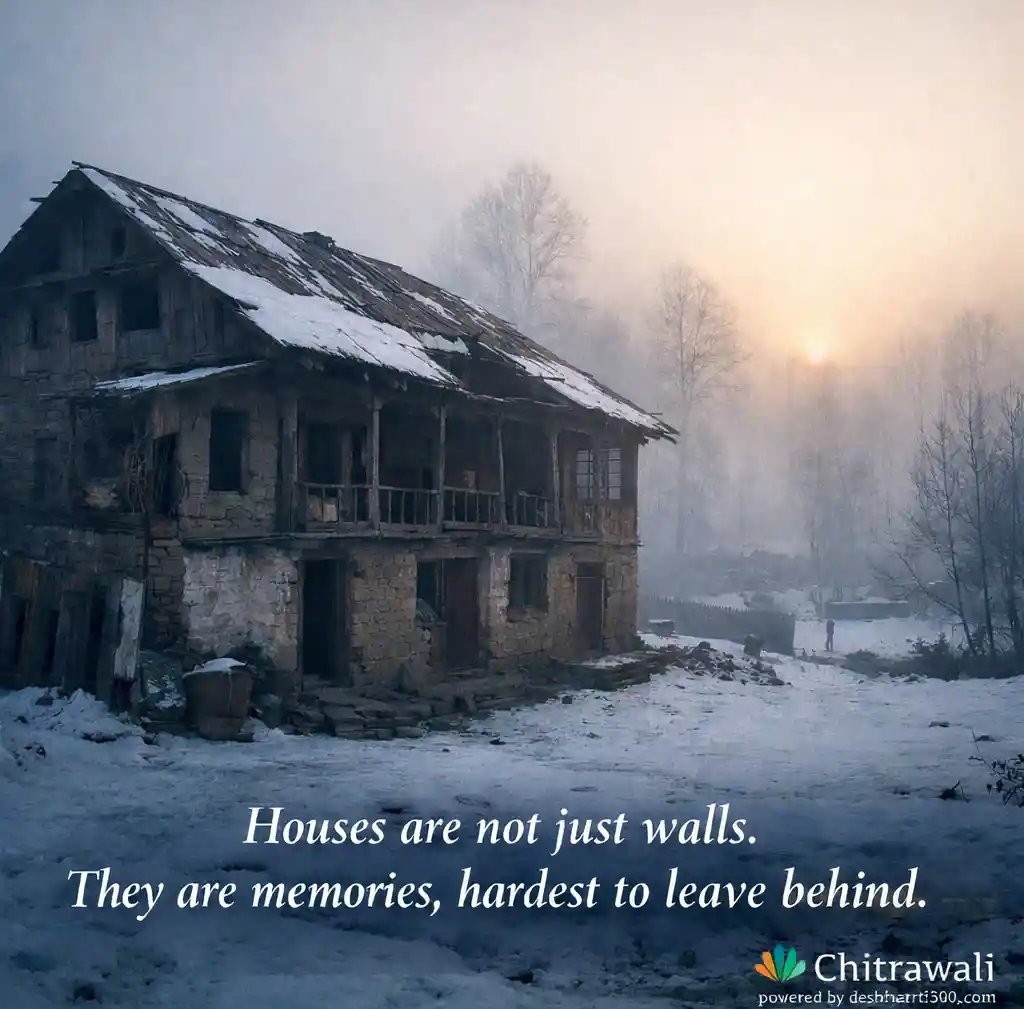 “कश्मीर में बर्फीली सुबह का एक खाली पारंपरिक घर — विस्थापन और स्मृति का प्रतीक”