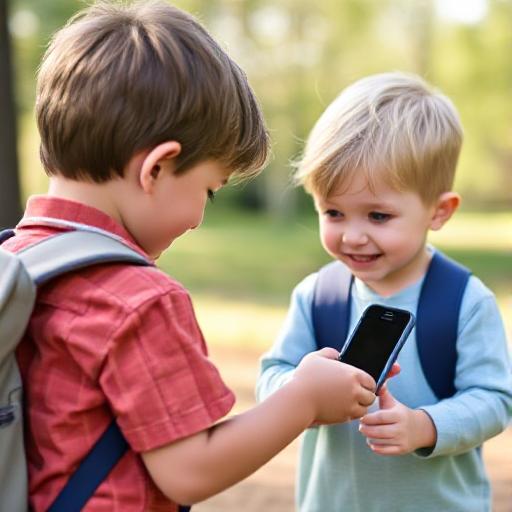 two boys playing with a cell phone