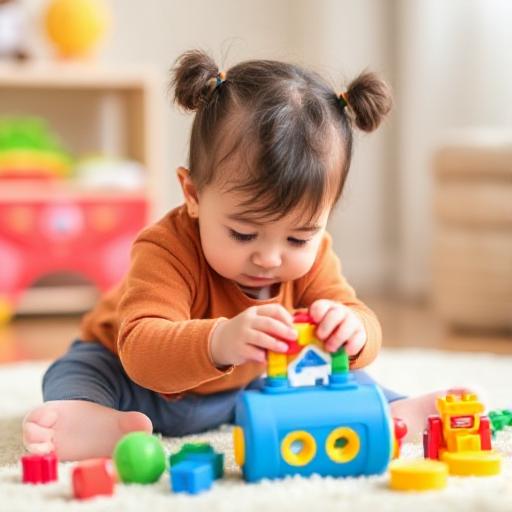a baby girl playing with a toy train